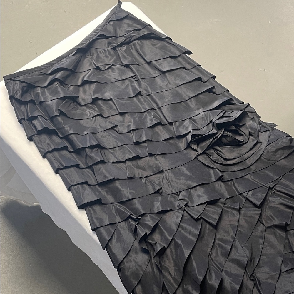 Rickie Freeman for Teri Jon Black Asymmetrical Ruffle Midi Skirt